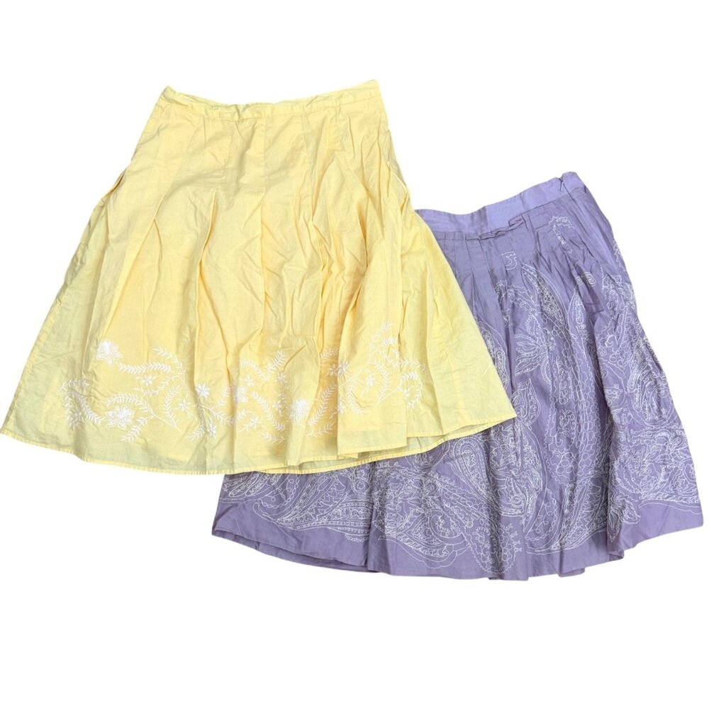 Two Talbots Womens Embroidered Cotton Skirts Yellow & Purple SZ 6 + 8 Mid-Length